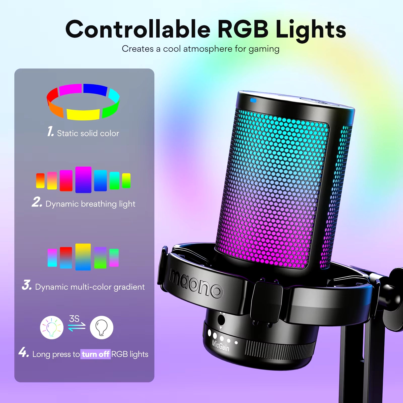 DGM20 RGB USB Gaming Condenser Microphone with Noise Reduction Software, Adjustable Gain, and One-Key Mute Function