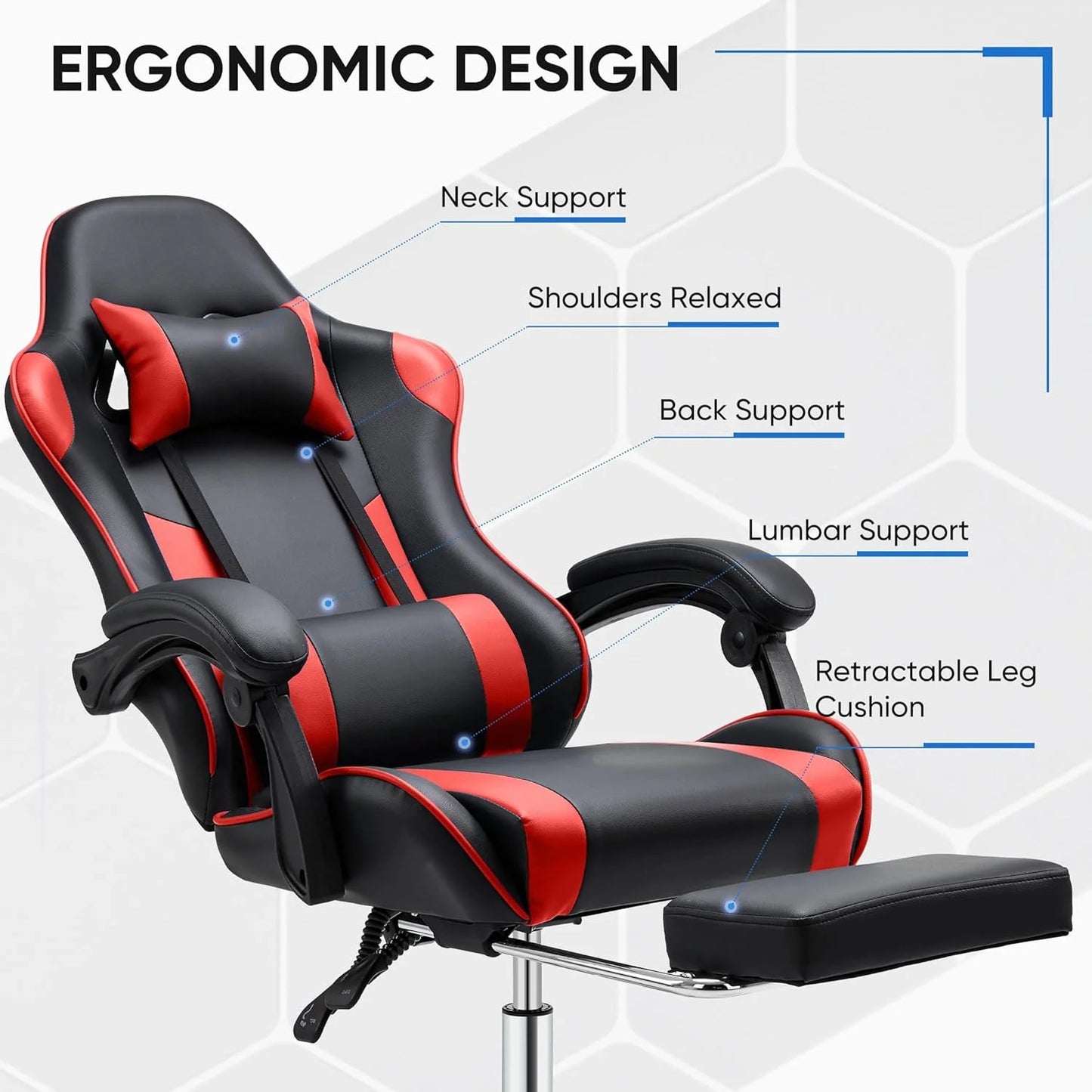 Gaming Chair with Footrest and Lumbar Support, Black/Red