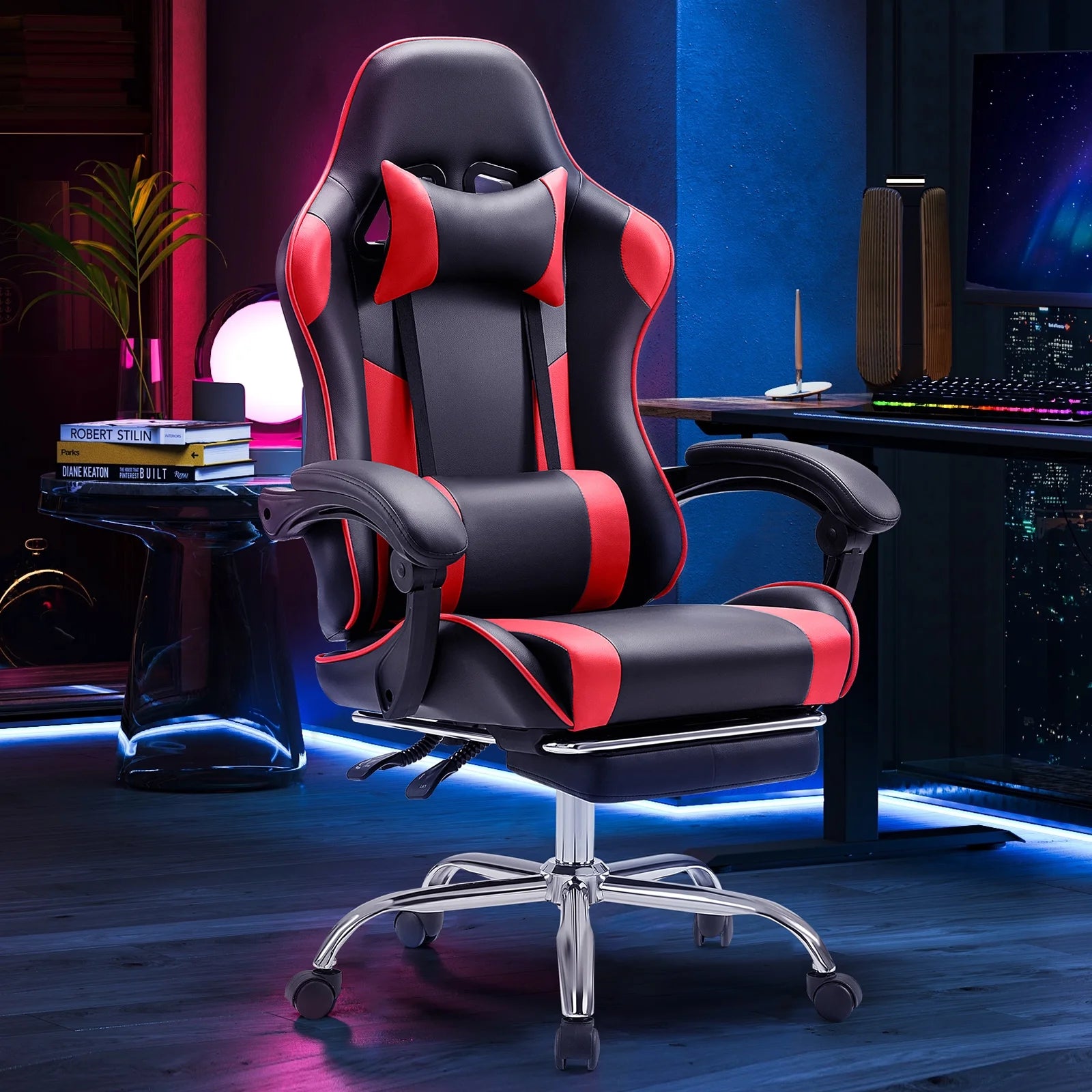 Gaming Chair with Footrest and Lumbar Support, Black/Red