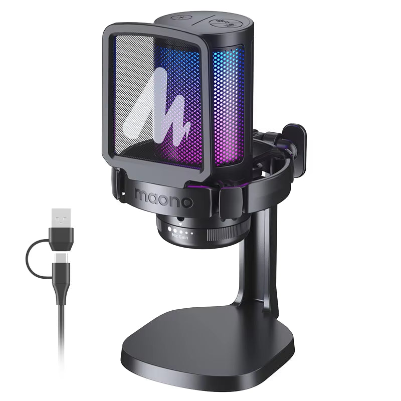 DGM20 RGB USB Gaming Condenser Microphone with Noise Reduction Software, Adjustable Gain, and One-Key Mute Function