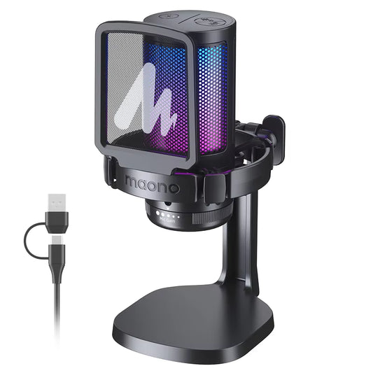 DGM20 RGB USB Gaming Condenser Microphone with Noise Reduction Software, Adjustable Gain, and One-Key Mute Function