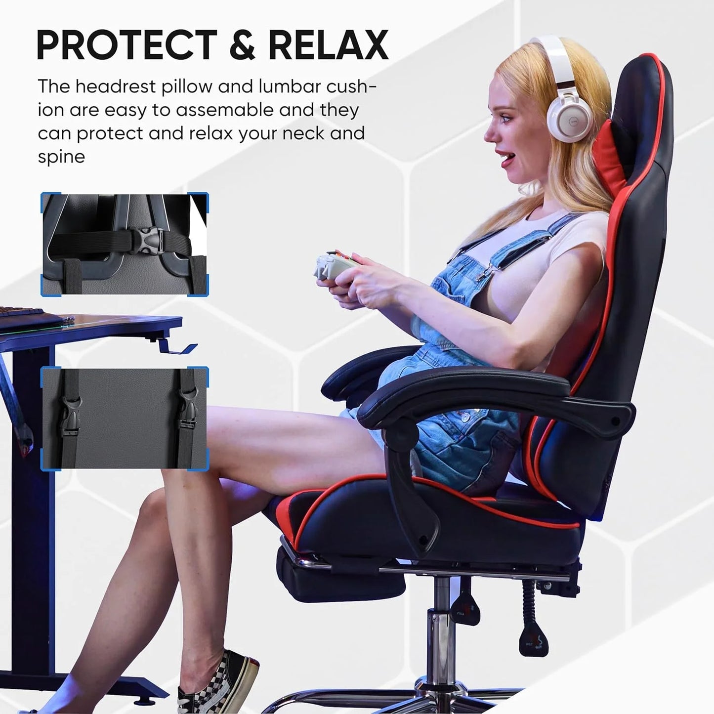 Gaming Chair with Footrest and Lumbar Support, Black/Red