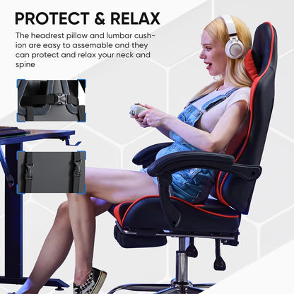 Gaming Chair with Footrest and Lumbar Support, Black/Red
