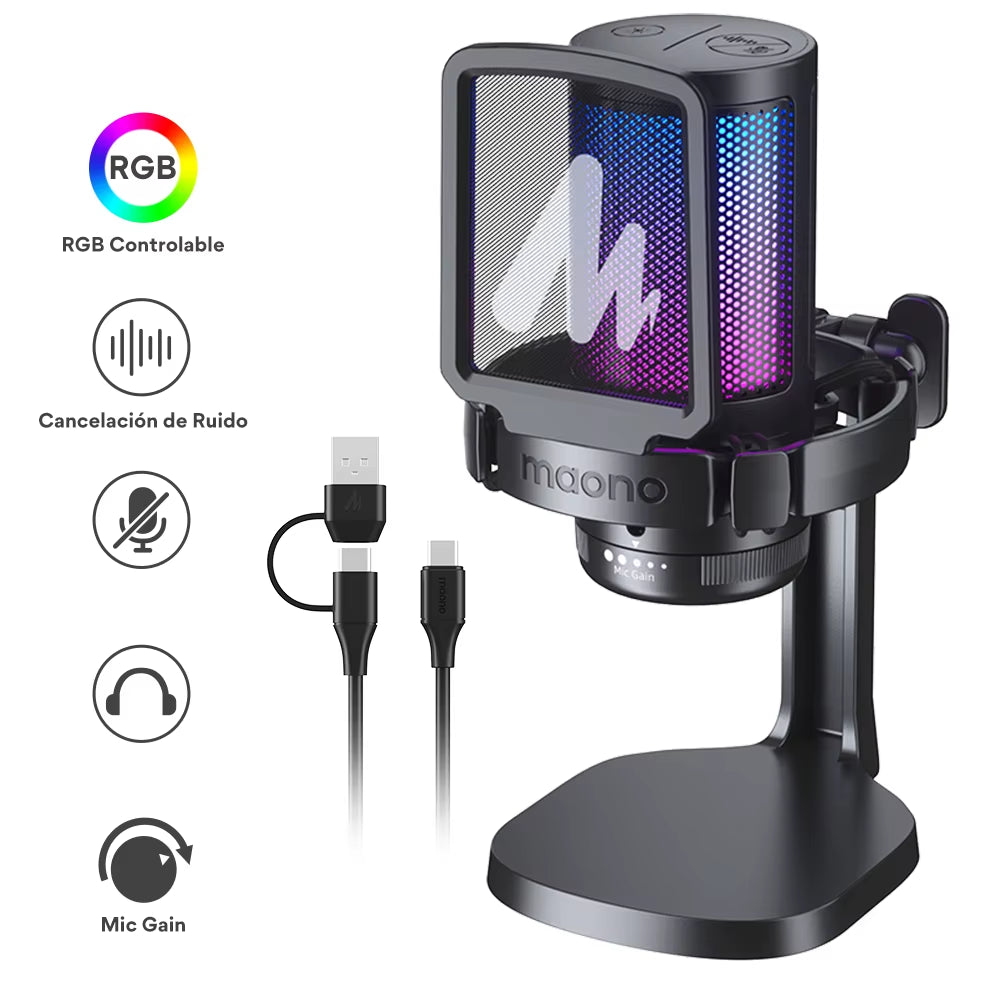 DGM20 RGB USB Gaming Condenser Microphone with Noise Reduction Software, Adjustable Gain, and One-Key Mute Function
