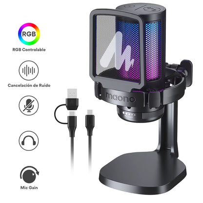 DGM20 RGB USB Gaming Condenser Microphone with Noise Reduction Software, Adjustable Gain, and One-Key Mute Function