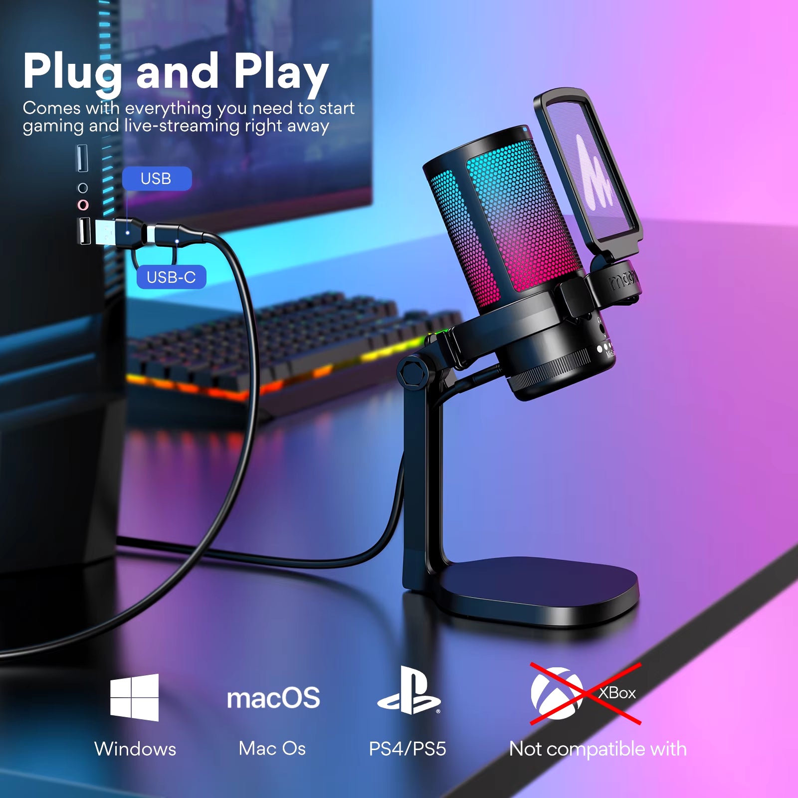DGM20 RGB USB Gaming Condenser Microphone with Noise Reduction Software, Adjustable Gain, and One-Key Mute Function