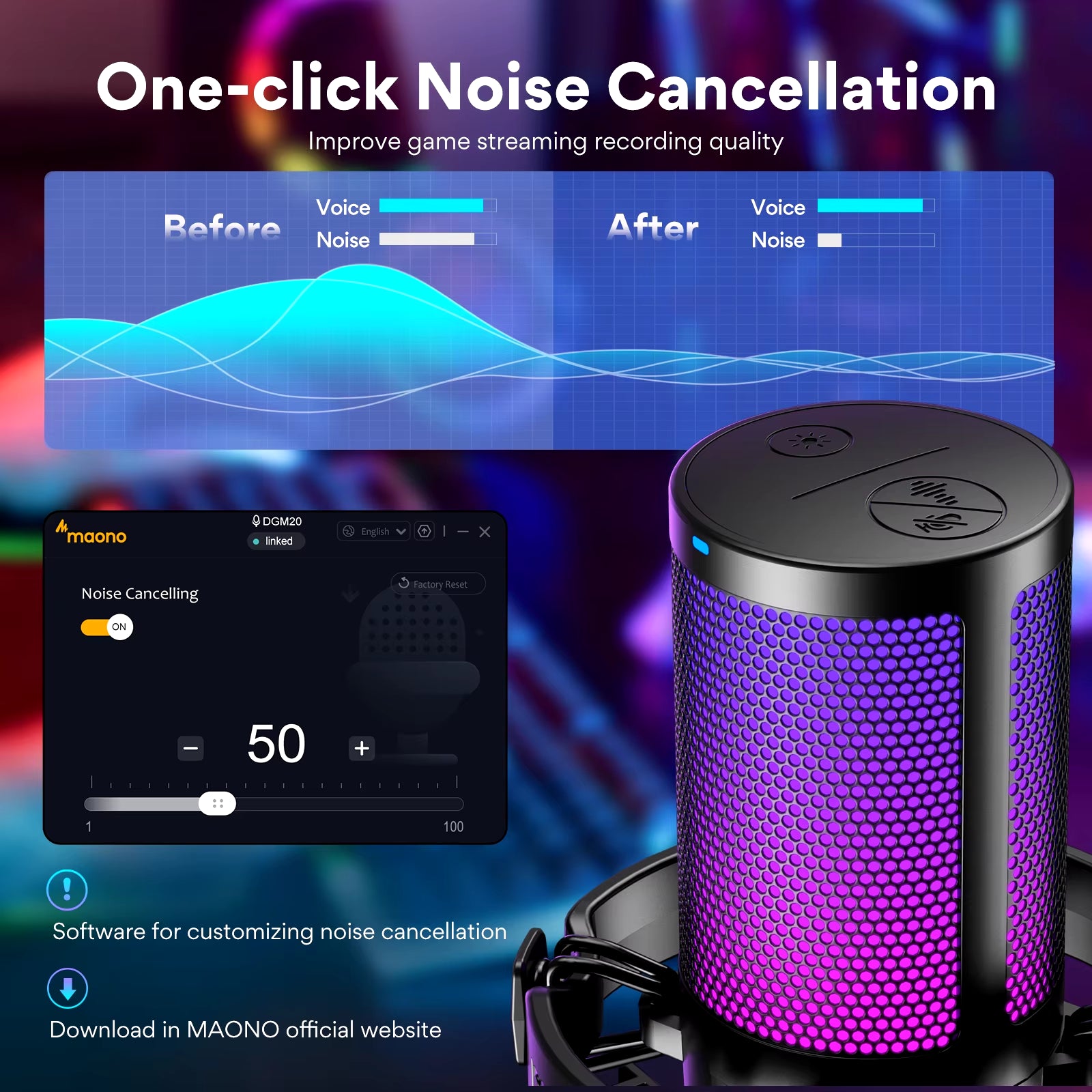DGM20 RGB USB Gaming Condenser Microphone with Noise Reduction Software, Adjustable Gain, and One-Key Mute Function