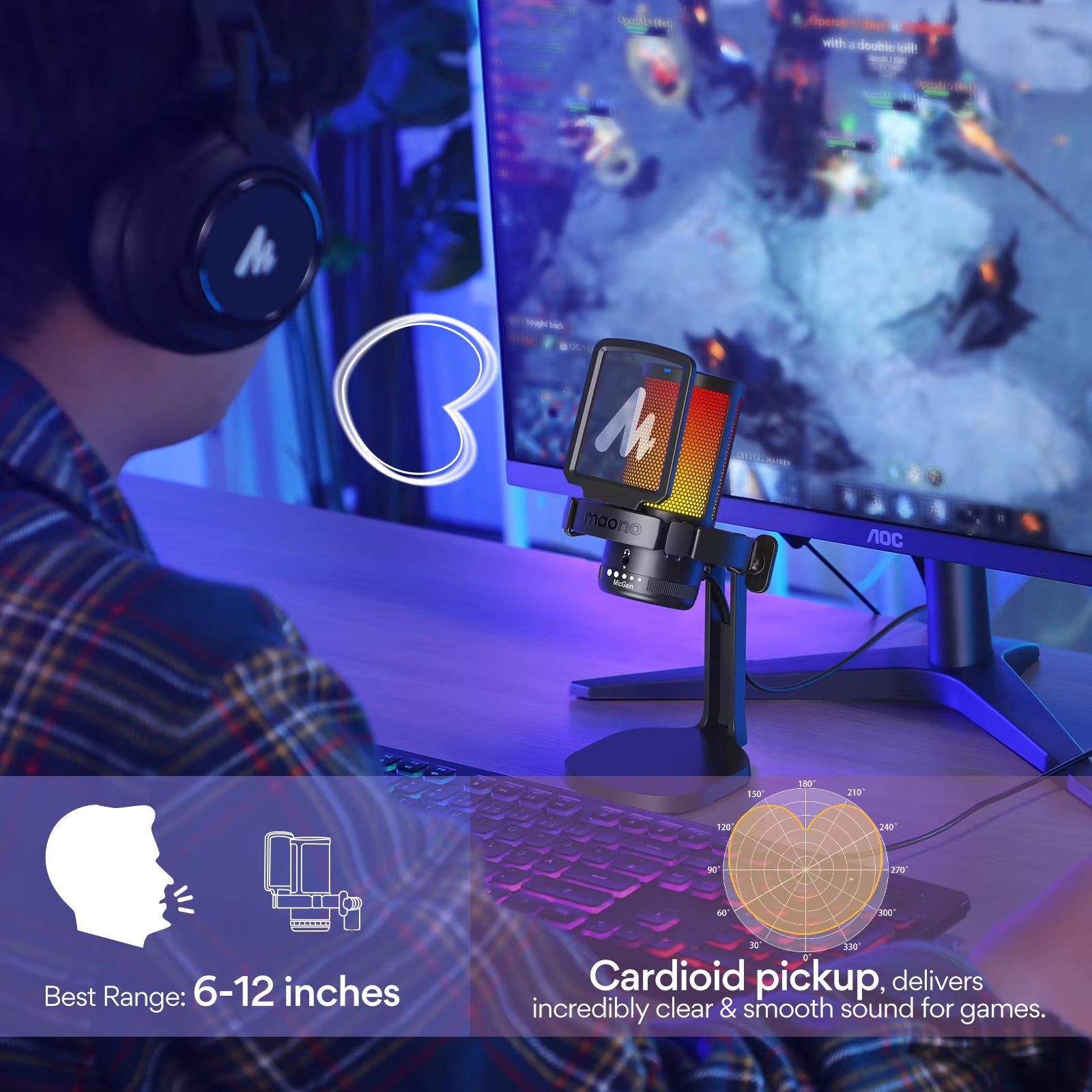 DGM20 RGB USB Gaming Condenser Microphone with Noise Reduction Software, Adjustable Gain, and One-Key Mute Function