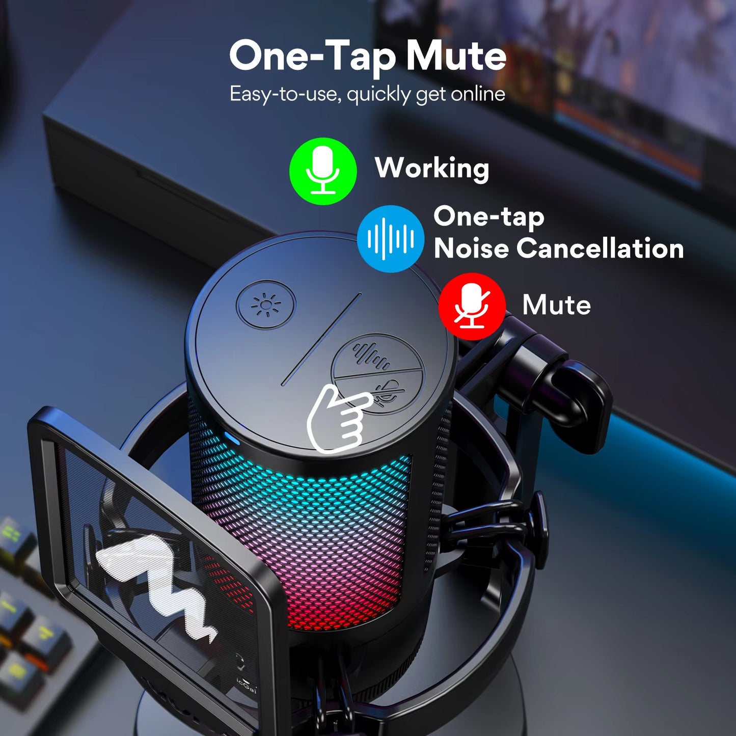 DGM20 RGB USB Gaming Condenser Microphone with Noise Reduction Software, Adjustable Gain, and One-Key Mute Function